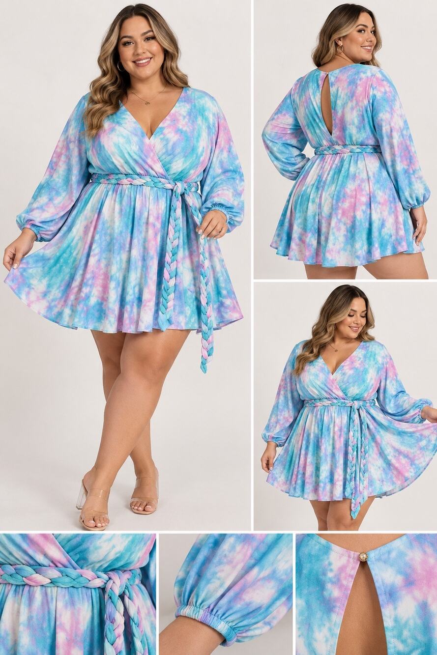 Pastel Tie Dye Wrap Mini Dress Braided Belt Balloon Sleeve Plus Size 3XL